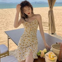 바캉스 비치 휴양지 룩 원피스 비치웨어 동남아 해외여행 드레스 여성 한 v 넥 꽃 여름 휴가 패션 한국어 스타일 슬림 라인 비치웨어 하라주쿠 민소매 사이드 슬릿 v