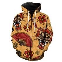 후드티 남성용 3D 중국 드래곤 지퍼 스트리트웨어 캐주얼 봄 프린트