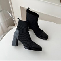코지 믹스패치 니트 가죽 니삭스 7cm 앵클부츠