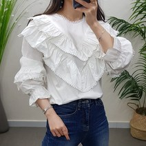 제이후 봄 폼폼 코튼 2단 캉캉 프릴 블라우스