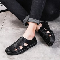 도오빠 카스등 남성 가죽 샌들 2CM 낮은굽 플랫 펀칭 통기성 스티치 무지 여름 남자샌들 남자단화 신발