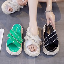 통굽 슬리퍼 키높이 미용실 오피스실 선생님 교사 회사 집 내부 비즈 큐빅 225 4cm, 베이지