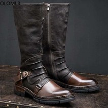 남성반부츠 가죽부츠 남성 허벅지 높은 승마 부츠 아몬드 토 미드 종아리 사이드 버클 플랫 부츠 플러스 사이즈