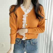 레이스 프릴 숏 크롭 브이넥 가디건