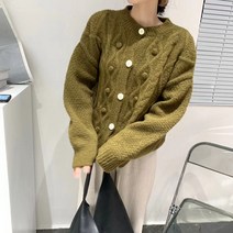 머스타드색 겨자색 올리브색 골지 라운드 베이직 니트 가디건 부드러운 기본 겨울 데일리룩 루즈핏