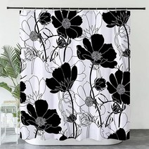 INTOMENG 베이지 플로럴 샤워 커튼 열대 해변 욕실용 방수 패브릭 후크 포함 182.9cm x 182.9cm(72 72인치) 5561484836, Black and White