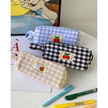[1+1할인/새학기] 무니 체리 동물 파스텔 체크 원통 필통, 블랙, 하늘