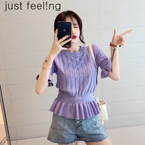 just feel!ng 봄 여름 라운드넥 반팔 니트티 레이스 엠보블라우스 쉬폰 심플 력셔리 블라우스