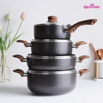 감성 우드 패턴 인덕션 직화 냄비 4종 세트 라면냄비 전골냄비 편수냄비 세라믹코팅 감성적인 선물 양수냄비 예쁜냄비 신혼세트, 퀸센스 벨라 IH 냄비 (4종 세트)