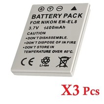 니콘 EN EL8 배터리 CLPIX P1 P2 L1 L2 S1 S2 S3 S4 S5 S6 S7 S8 S9 1400mAh, 03 3 Pcs Battery