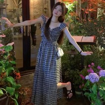 천조격 원피스 브이넥 체크 나시 원피스 여름 민소매 슬림핏 롱 원피스