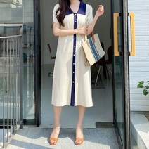 겟잇미 / 므느룸 여성 데일리 니트 배색 카라 롱원피스