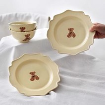 예쁜 빈티지 접시 곰돌이 파스타 디저트 플레이팅 카페 그릇 플레이트, 아이보리