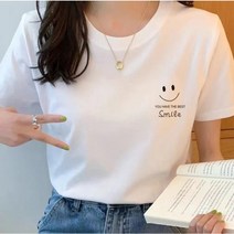 스마일 여성용 순면 라운드 넥 반팔 티셔츠