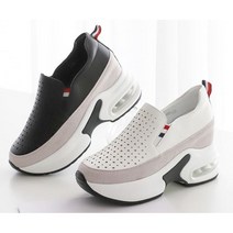 [트리샤]소가죽 6cm 키높이 에어쿠션 펀칭 여성 운동화 슬립온 스니커즈 BK P480펀칭