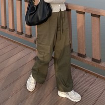여자 카키 와이드 조거 카고 팬츠 일자 카키색 스트링 연두색 초록색 바지