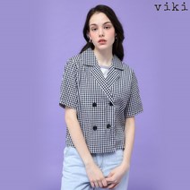 더블 체크 패턴 카라 반팔 블라우스 (TEBAD2443)