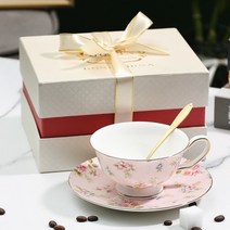 Royal Queen 골드림 엣지 본차이나 커피잔 세트 집들이선물 생일 선물, 선물 포장, 1인조 세트, 핑크