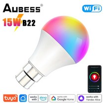 AUBESS 와이파이 스마트 램프 E27 B22 투야 전구 얀덱스 앨리스 알렉사 구글 어시스턴트 음성 제어 220V RG, 02 15W B22
