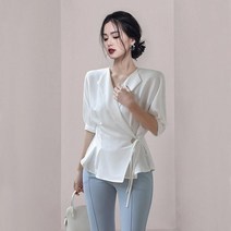 퍼프 린넨 자켓 블라우스 빅사이즈 원버튼 슬림핏 허리묶는 스트랩 오피스 페플럼 랩스타일 여름셔츠