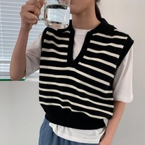 [워니쇼룸]브이단가라니트조끼 스트라이프 레이어드 카라 줄무늬 봄조끼 데일리룩 여성조끼 니트베스트