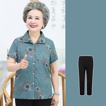 중년여성복 60대엄마옷 여름 라펠 짧은 소매 셔츠 바지 어머니 두 조각 정장