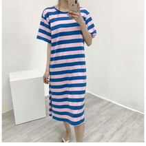 베러댓걸 여성 봄 여름 모리 라운드넥 캐주얼 순면 스트라이프 반팔 롱 원피스