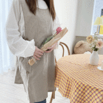 체크앞치마 단추 원피스 어린이집선생님앞치마 유치원 여름 실습 망사 공방 카페, 베이직체크앞치마-베이지