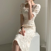 스퀘어넥 레이스 슬림 반팔 원피스 드레스 하객룩 결혼식 웨딩