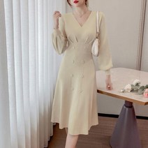 온스타일러 국내배송 브런치 브이넥 긴팔 원피스 니트 벌룬소매 미디원피스