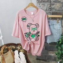 상상그이상 여성용 국내제작 찰랑 쿨하트신 반곰 오버핏 반팔티 귀여운 면티셔츠 스타일리쉬 프린팅 캐주얼 사계절 티셔츠
