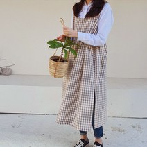 방가지똥 앞치마 롱 주름 베이지체크 워싱면앞치마 단추없는