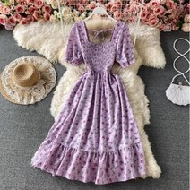 여름 긴 드레스 꽃 프린팅 보라색 스퀘어 칼라 캐쥬얼 Pleated 2022 NEW Sundress 달콤한 옷