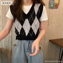 능구렁이 베스트 여름 빈티지 마린룩에 체크무늬 니트 베스트 걸 뉴타임즈 A11