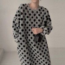 땡땡이 라운드 넥 도트 양털 긴팔 롱 원피스