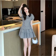 원피스 블랙 루즈 체크 원피스 여름 여성 날씬해 보이는 반팔 원피스