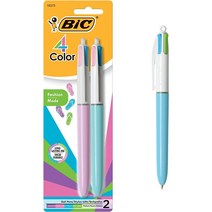 빅(BIC) 4색 패션 볼펜 미디엄 포인트(1.0mm) 2개입 다색펜 멀티펜 멀티색 볼펜 핑크 퍼플 청록색 및 라임 그린 색상 펜 라이트 블루&라벤더 배럴