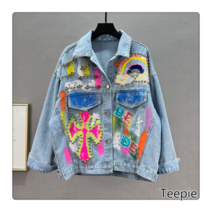 티피/Teepie 스팽글 데님 재킷 여성용 새 페인티드 느슨한 긴팔 탑