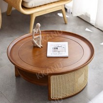 라탄테이블 원목 탁자 카페 찻상 원형 커피 티테이블, 블랙 물푸레나무 직경 85cm