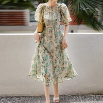 라라벨 여성용 원피스 이엘 라운드 프린팅 플라워 퍼프 로맨틱 반팔 원피스
