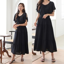 데일리앤 나트랑 여리여리 여름 어깨트임 반팔 윙소매 플레어 스모크 휴양지 롱 원피스