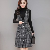 프린스타빈티지 슬림 모직 스트랩 민소매 드레스 R541 여성용 포켓 체크 무늬 조끼 스타일 가을 겨울