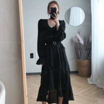 여성 드라마 연예인 갯마을 원피스 슬림 V넥 슬리브 롱 신민아원피스