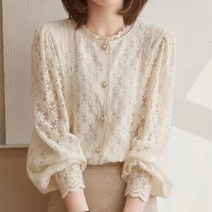 여성 트리밍 레이스 펀칭 플라워 모티브 긴팔 셔츠 블라우스