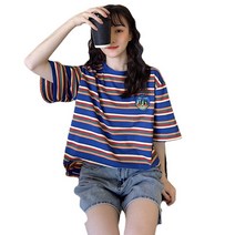 ANKRIC 데일리 톱 스트라이프 인사이드 빅 사이즈 커플 레깅스 한국판 여름 루즈핏 반팔 티셔츠 여성복