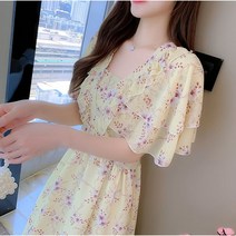 원피스 옐로우 여성 플라워 원피스 여름 핑크 슬림핏 쉬폰 미디 원피스