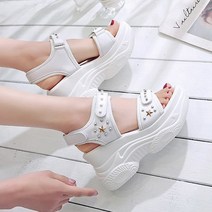 도오빠 스타업 여성 웨지 샌들 가죽 9CM 키높이 하이힐 통굽 찍찍이 별 스터드 여름 여자샌들 스트랩샌들