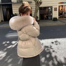 여성 오리털 다운 점퍼 폭스 퍼 트리밍 아이보리 여우털 자켓 아이보리
