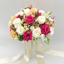 웨딩꽃 신부 들러리 웨딩 액세서리 실크 리본 인공 장미 꽃 들고 결혼, 07 Rose red   white  A