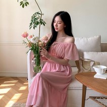 신세계TV쇼핑 [옷자락] 여자 스모크 셔링 오프숄더 반팔 페미닌룩 롱원피스